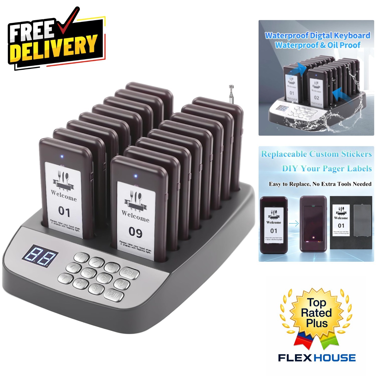 Complete Wireless Paging Solution: 16 Waterproof Pagers for Restaurants & Cafes