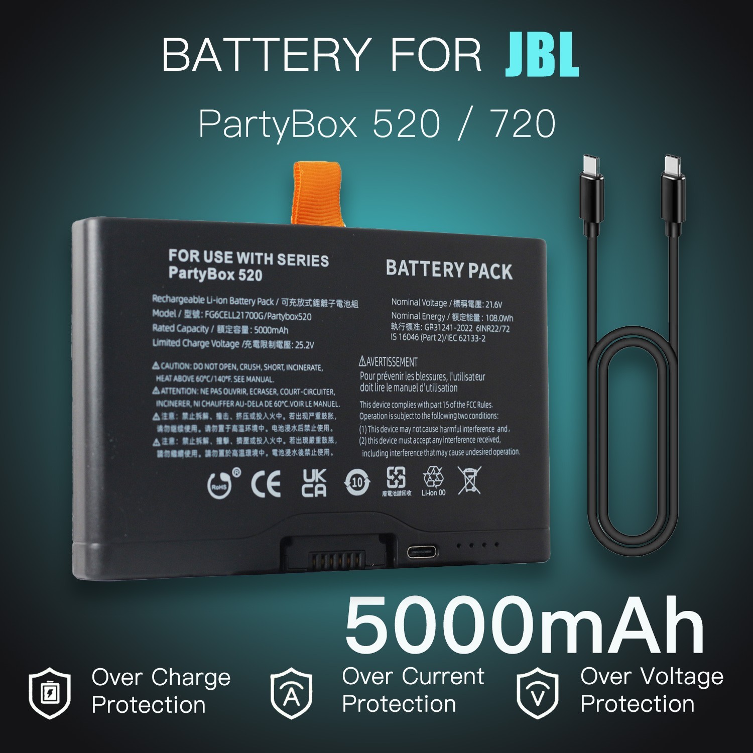 Replacement 5000mah Battery for JBL partybox 520 720/Boombox4 Bluetooth Speaker