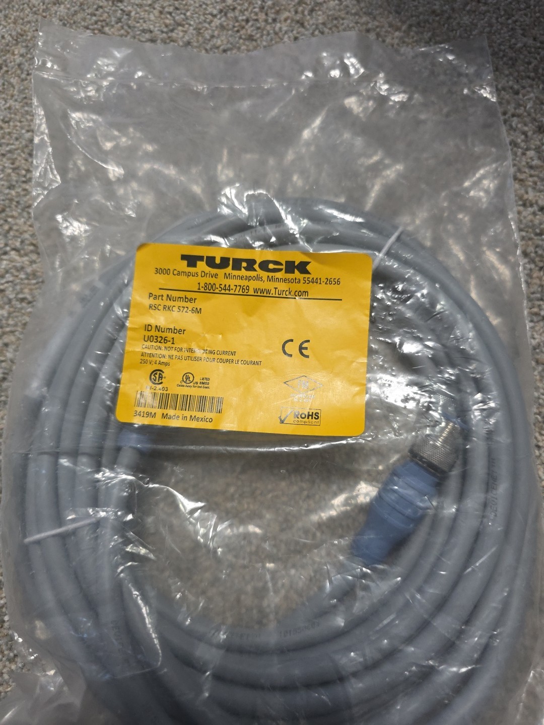 Turck RSC RKC 572-6M Cordset, M12 Male to M12 Female, Gray, 4 cond., 6 meters