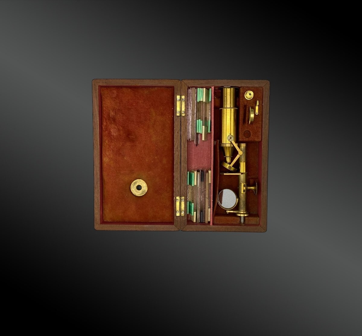 Antique Brass Microscope with Original Mahogany Wood Box Early 20th Century