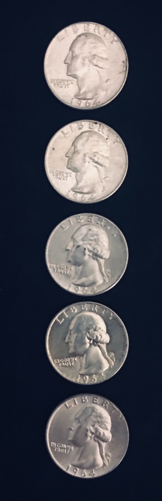 LOT # U303    5-90% SILVER WASHINGTON QUARTERS(Au/Bu)