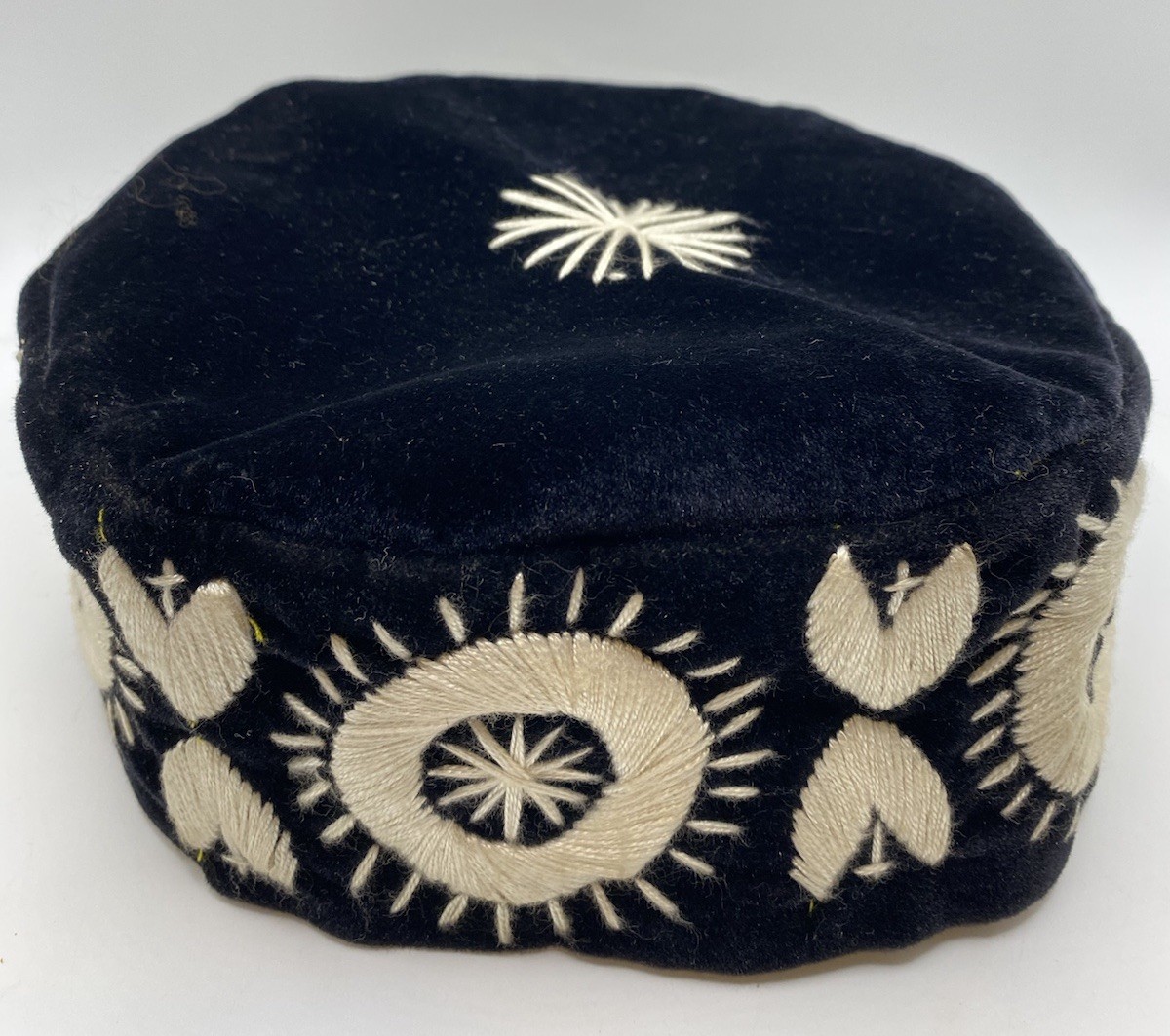 Igbo Ozo Traditional African Men’s Cap, Black Velvet, White Embroidery, Handmade