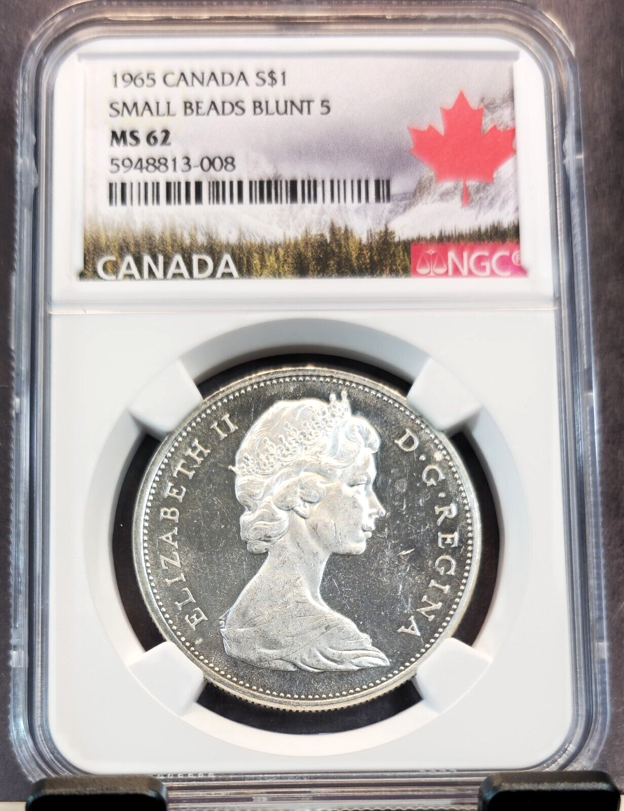 1965 CANADA SILVER 1 DOLLAR S$1 SMALL BEADS BLUNT 5 NGC MS 62 SCARCE VARIETY