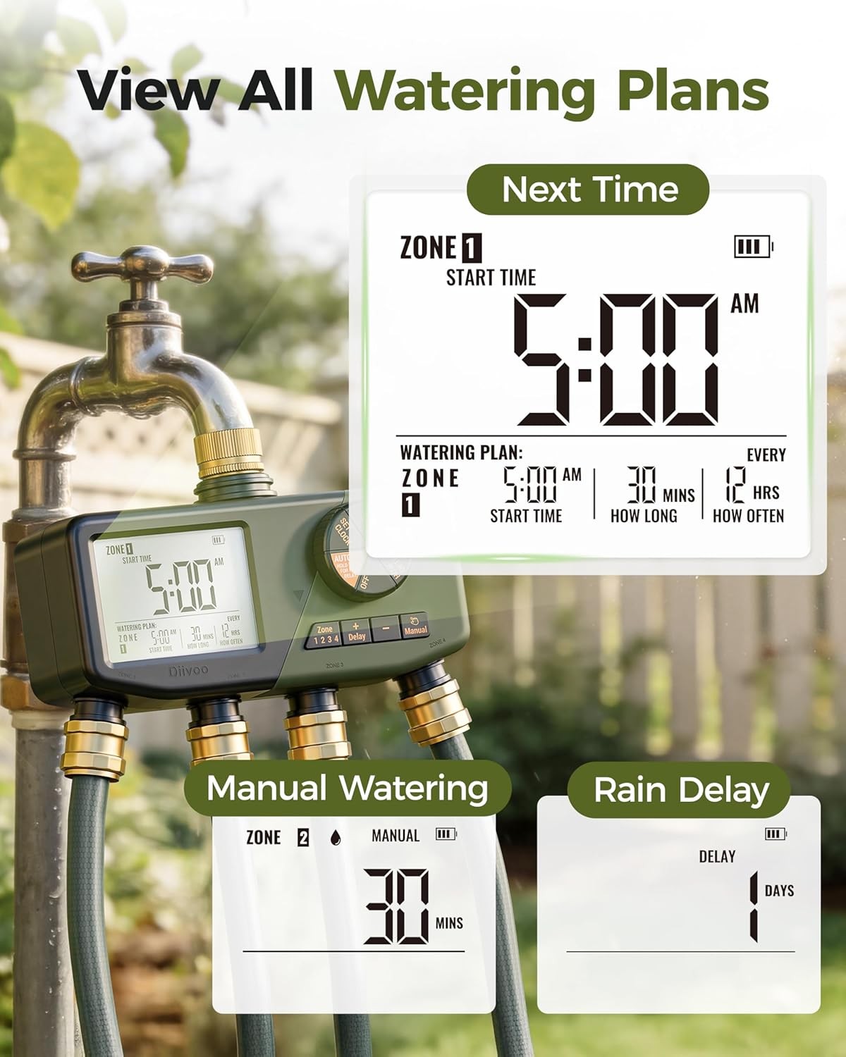 4 Zone Sprinkler Timer with Large Display Digital Control Rain Delay for Garden