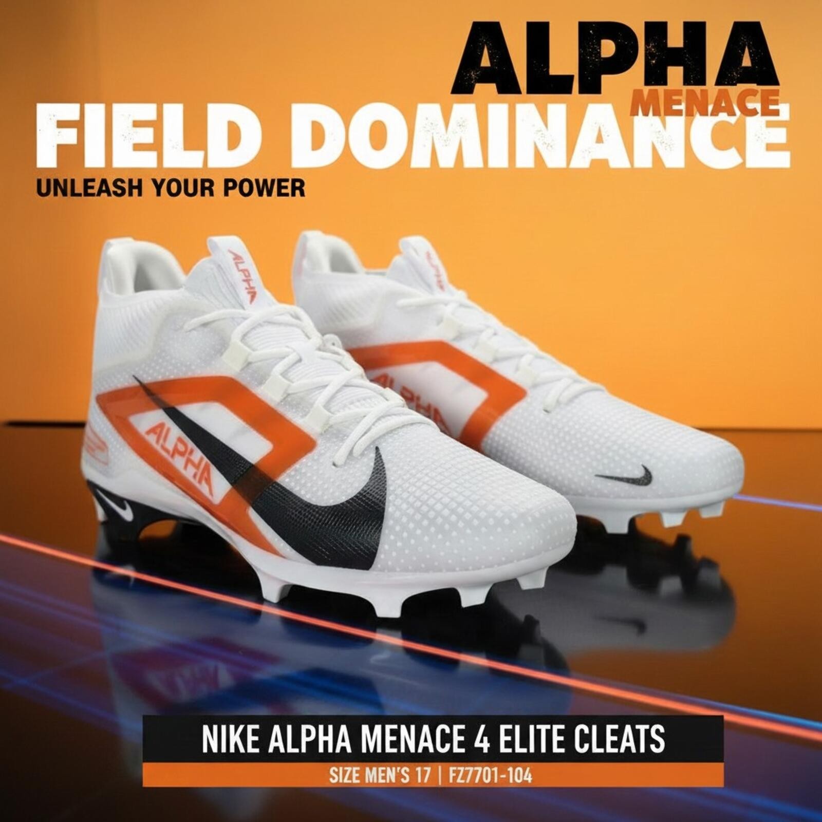 Nike Alpha Menace 4 Elite Cleats White Orange FZ7701-104 Men’s 17 NWOT No Box