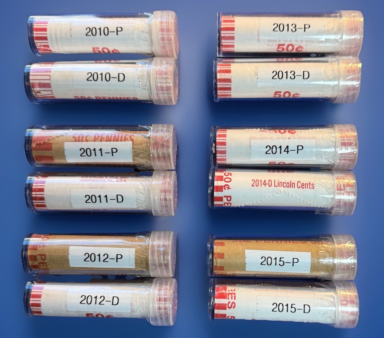 2010, 2011, 2012, 2013, 2014, 2015 P&D Lincoln Shield Cent Roll Set 12 OBW Rolls