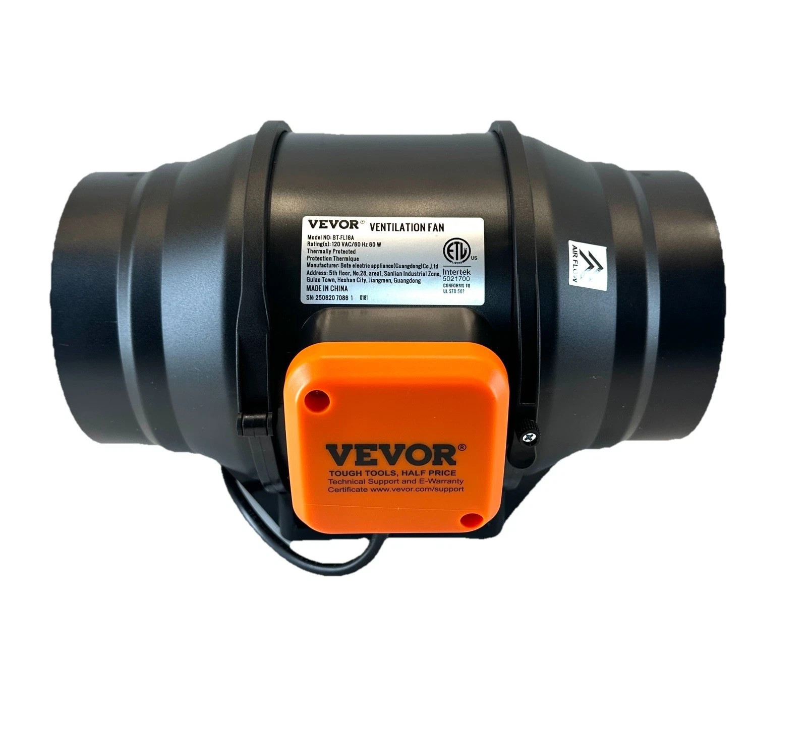 Vevor 4 in Inline Duct Fan 200 CFM AC Motor Variable Speed Control BT-FL16A