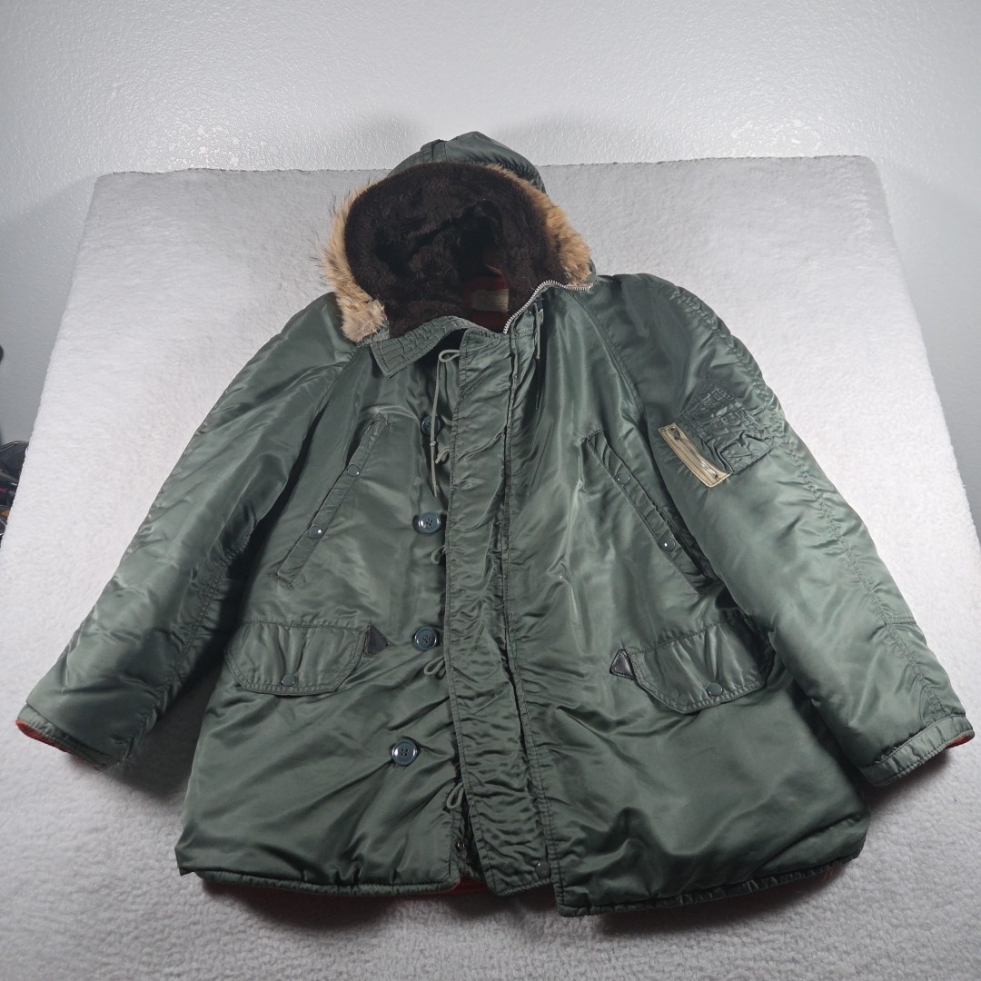 Vintage 70s USAF N-3B Parka Jacket MIL-J-6279H Large Olive Orange Interior 1972