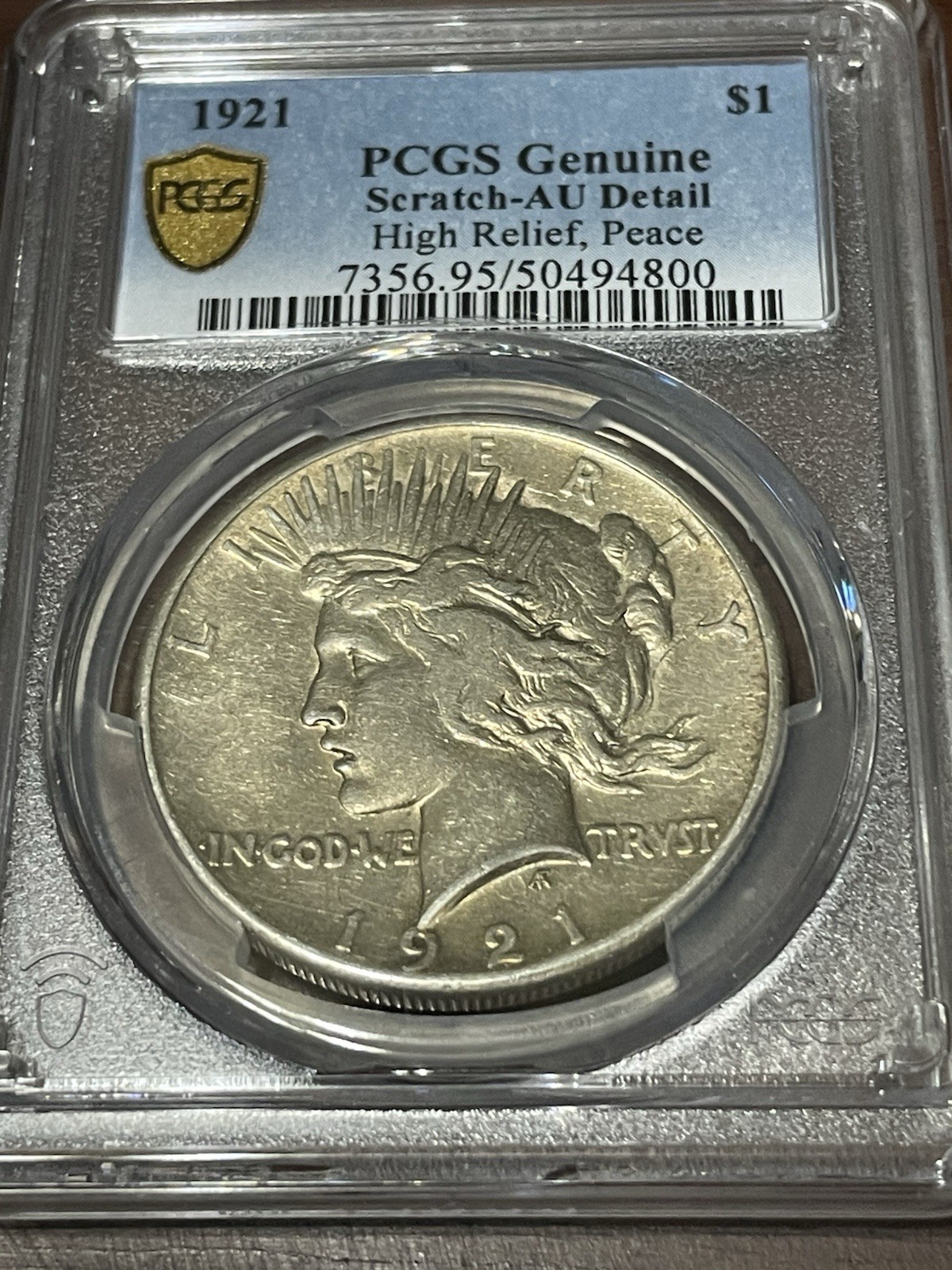 1921 $1 High Relief Peace Dollar PCGS Scratch - AU Details- Gold Shield