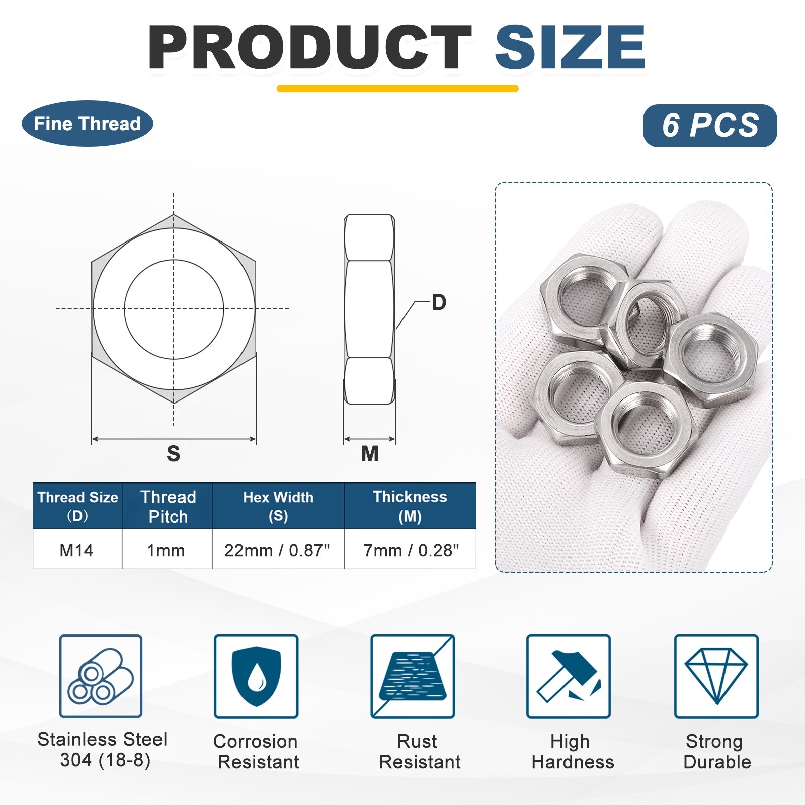 6Pcs M14x1 Steel Hex Nuts, 22mm / 0.87" Width, 7mm / 0.28" Height