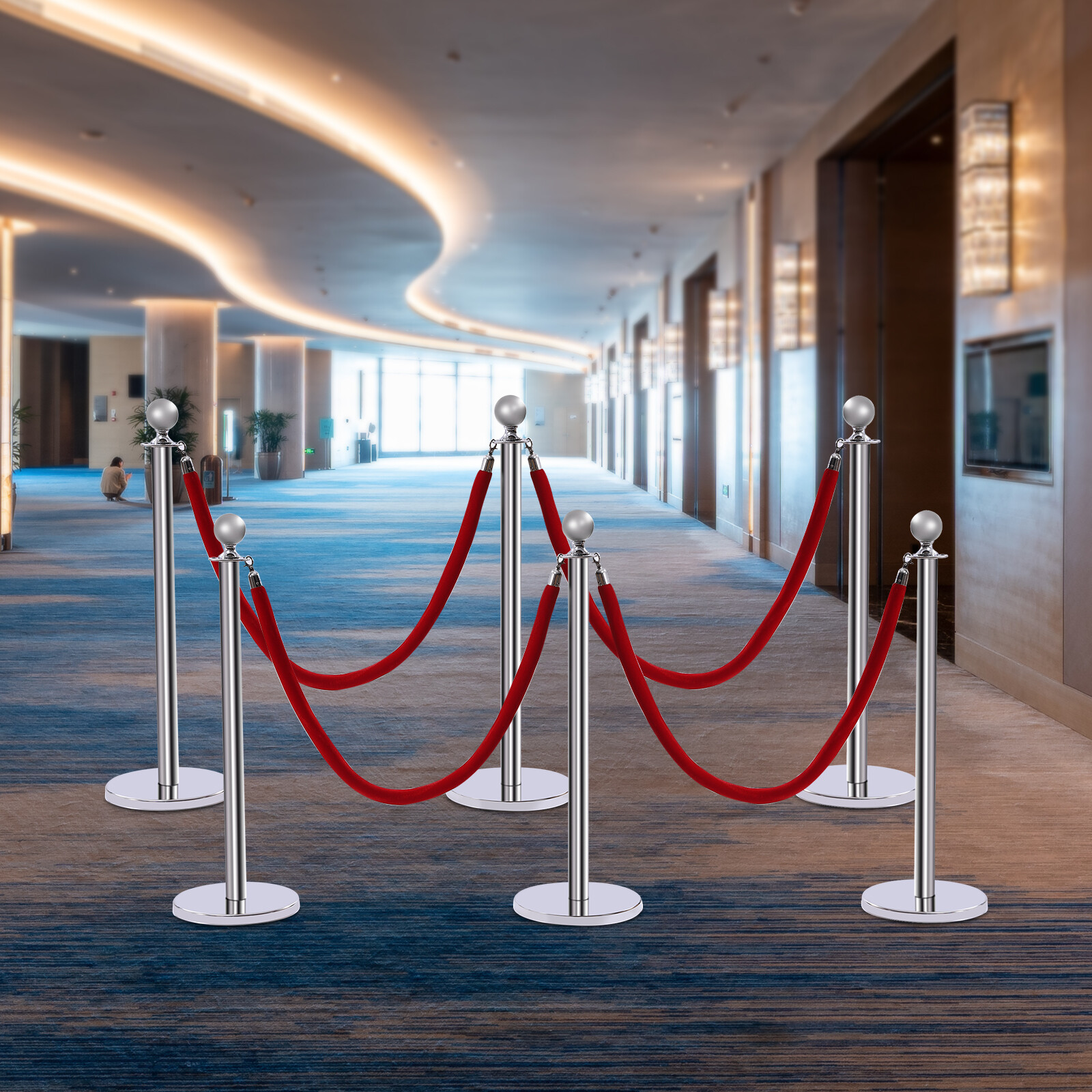Silver 6Pcs Stanchion Posts with 4 Velvet Ropes Crowd Control Queue Pole Barrier