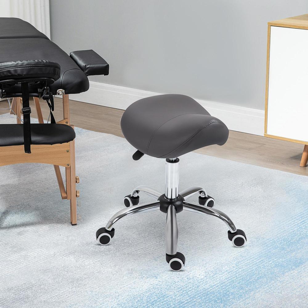 Rolling Saddle Stool PU Leather Hydraulic Swivel SpaStool Height Adjustable Grey
