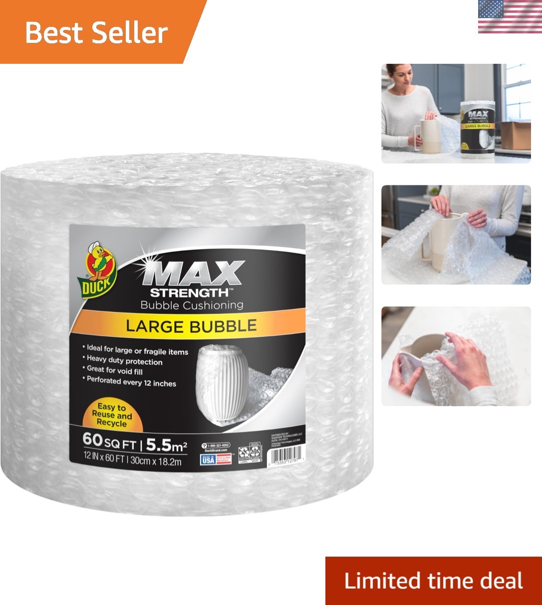 Large Bubble Wrap 60 FT - Durable Packing & Mailing Protection - Made in USA