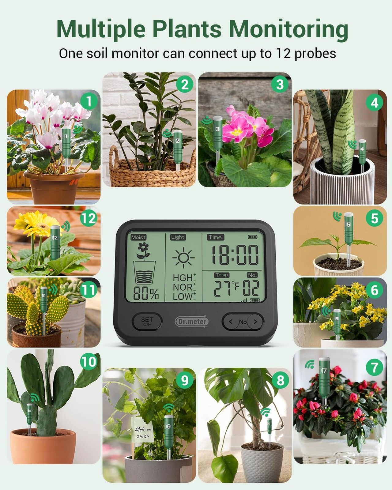 Dr.meter 4-in-1 Soil Moisture Meter, 300ft Wireless Soil Tester Sensor, Tempe...