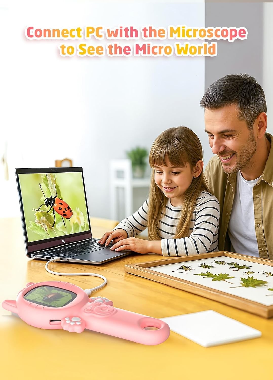 2-in-1 Microscope Camera for Kids, Mini Handheld Microscope Supporting (Pink)