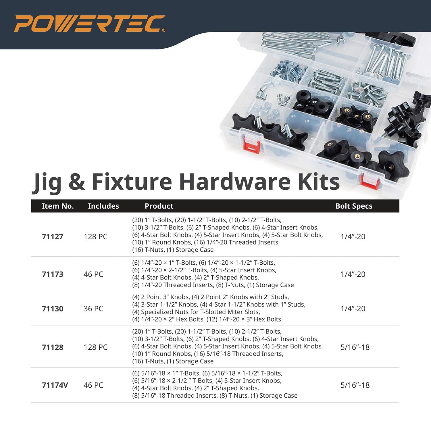 POWERTEC 71121V T Track Knob Kit w/Threaded Knobs and 5/16”-18 T Track Bolts, 16