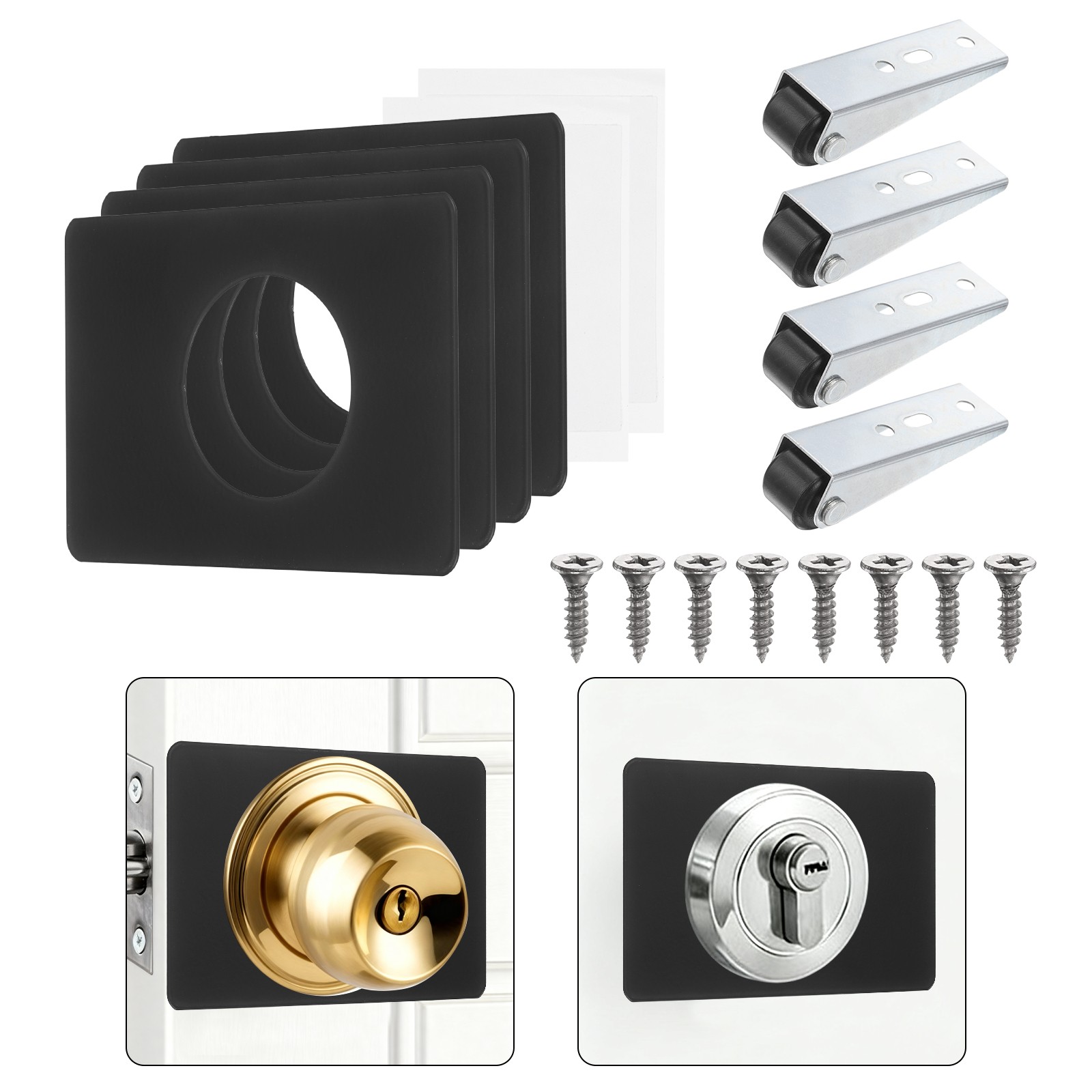 4Pcs Door Knob Plates Door Reinforcement Plate with Black Wheel, Black