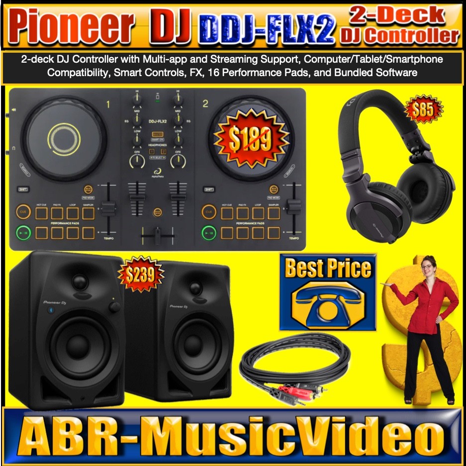 Pioneer DDJ-FLX2  DJ Controller,  DM-40D-BT Monitors HDJ-CUE1 Headphone  & Cable