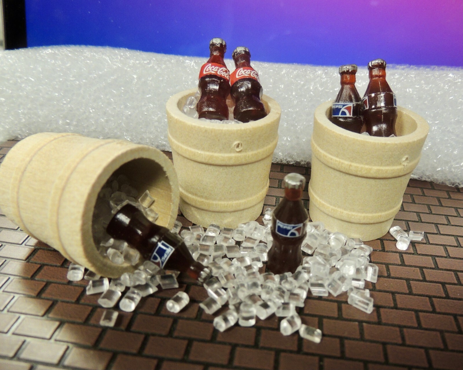Three (1/2 Wine Barrels )+ 6 Coca-Cola/Pepsi Combo.on Ice 1:24 scale Miniature