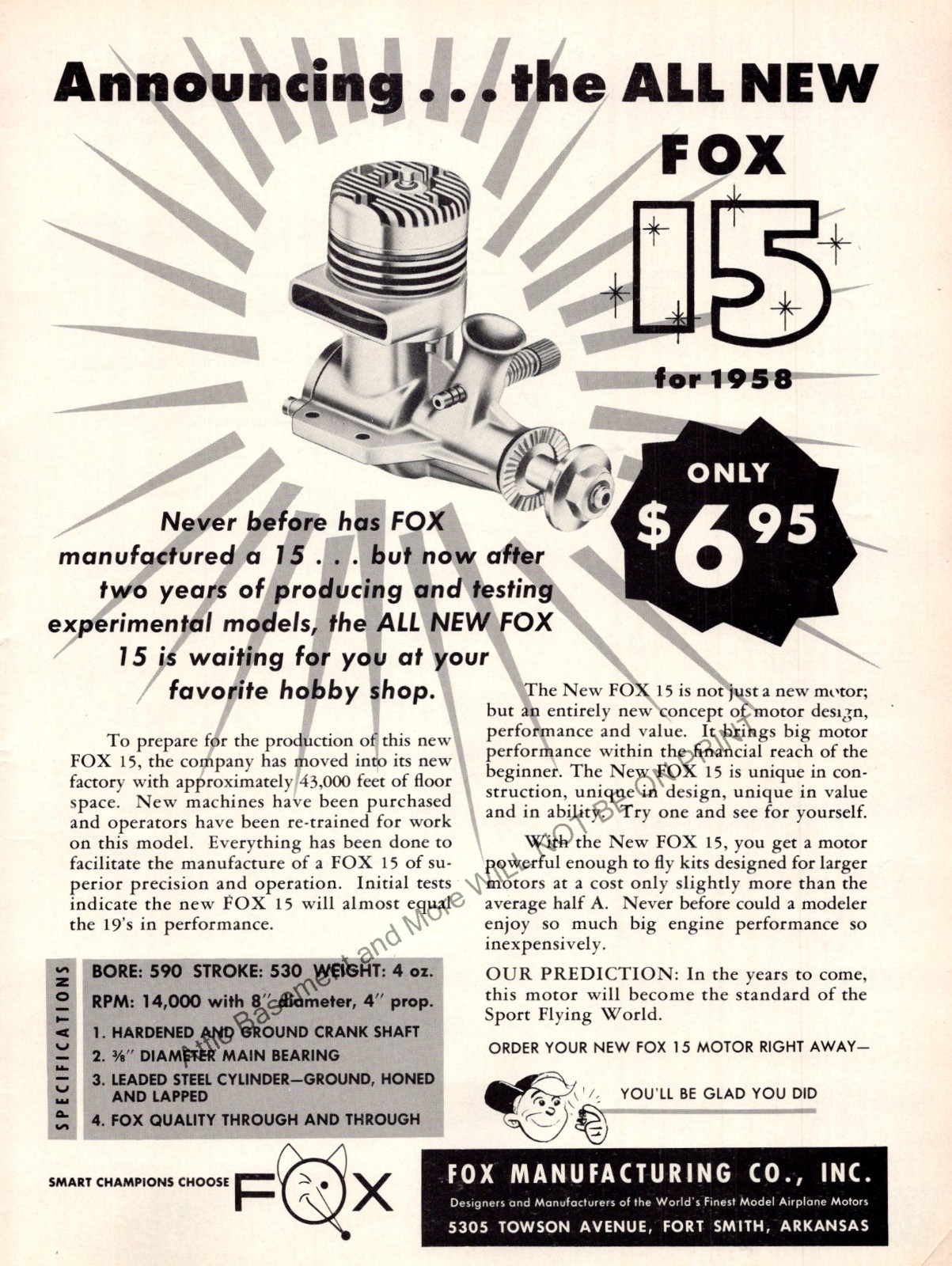 1958 FOX 15 RC Engine Print Ad Wall Decor Ephemera