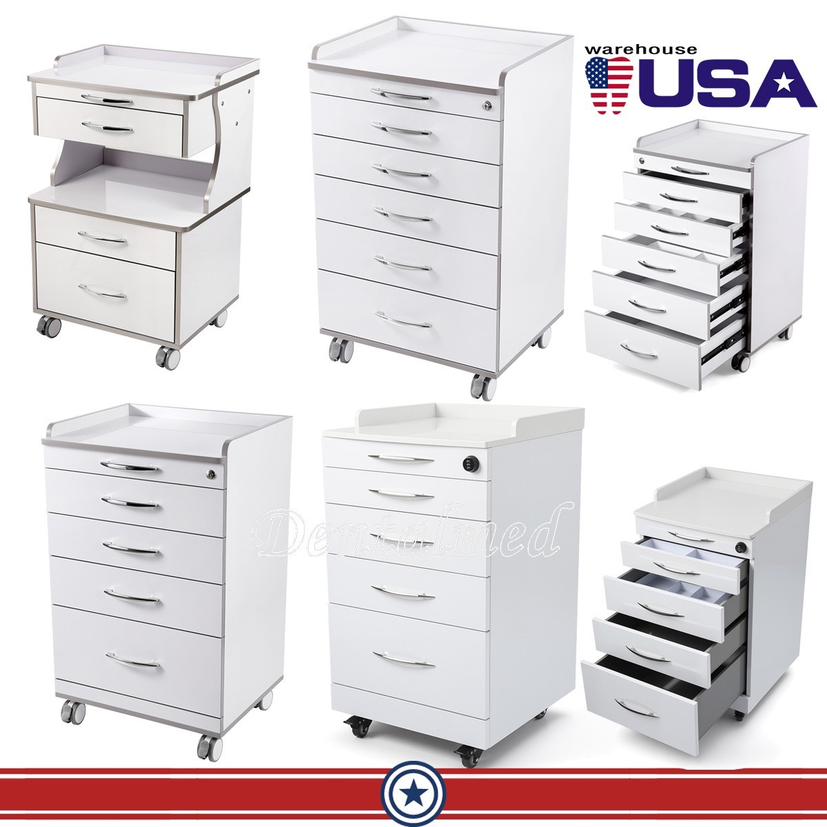 Dental Mobile Storage Cabinet Cart with Drawers Utility Trolley Crylic/Steel