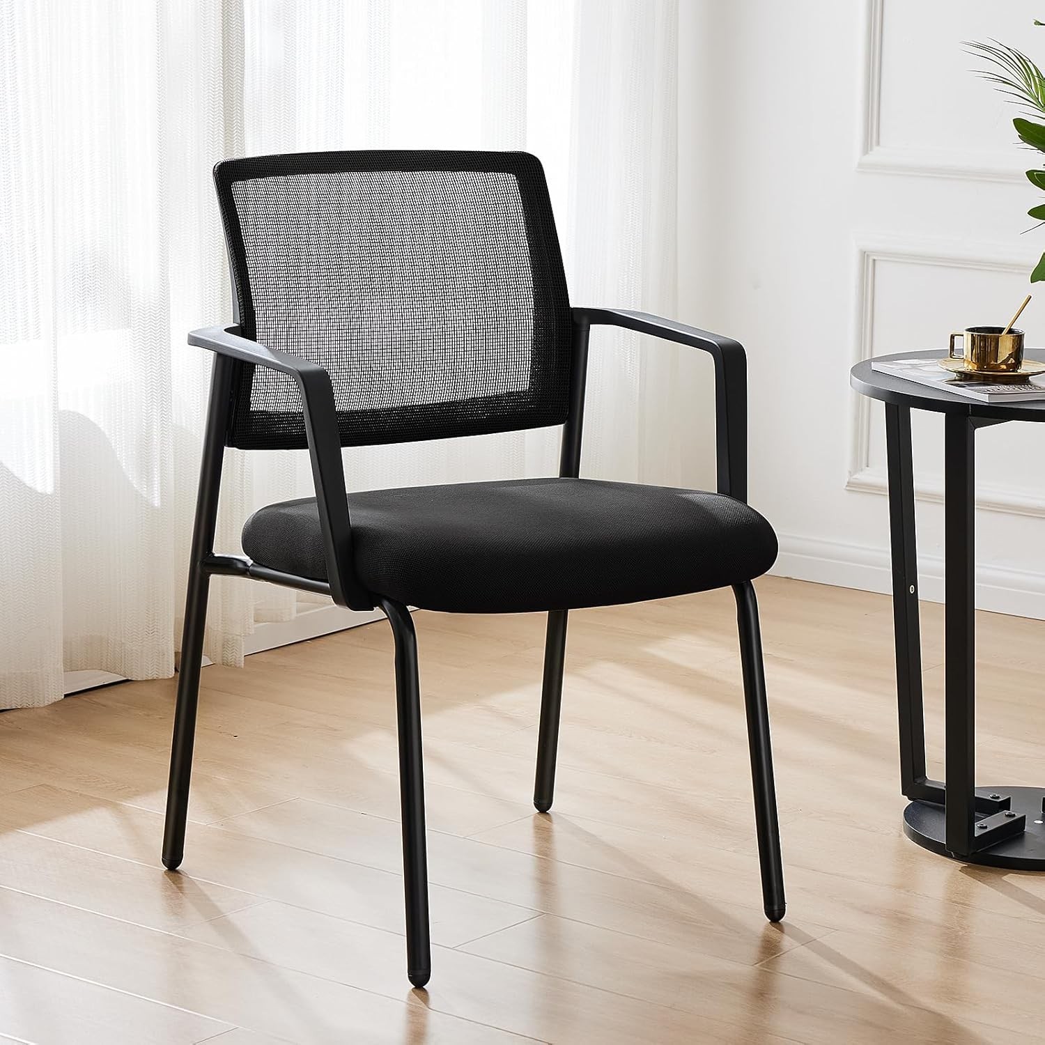 Black Stackable Arm Chairs W/ Mesh Back & Upholstered Fabric Sturdy Metal Frame