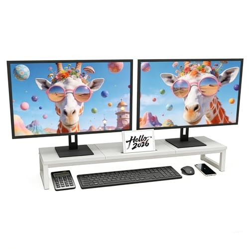 Dual Monitor Stand Riser, 38.7'' Long Wood and Steel Monitor Stand for 2 White