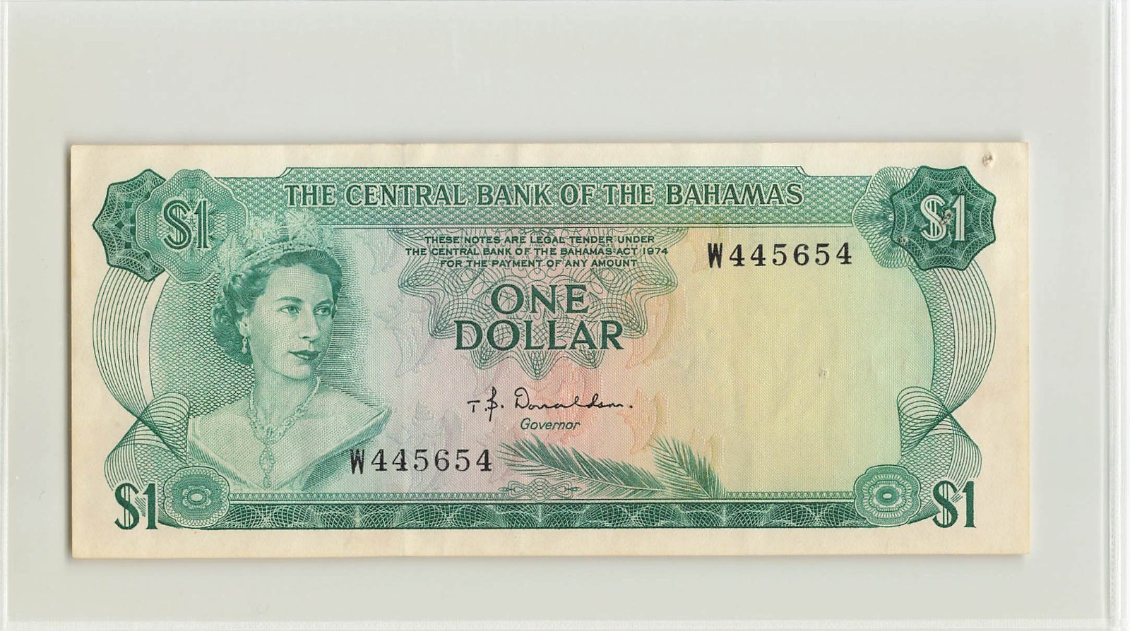 BAHAMAS $1 Dollar 1974, P-35a Donaldson, W445654, Original VF/EF Pinholes.  F2
