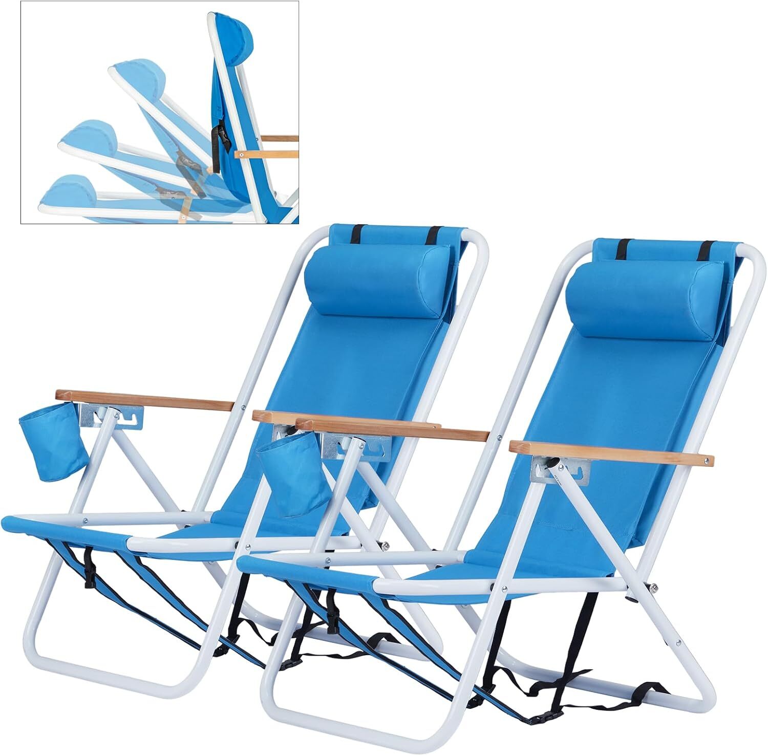 Folding Beach Chair Adjustable Headrest 4Flexible Tilt Angle Cup Holder Portable