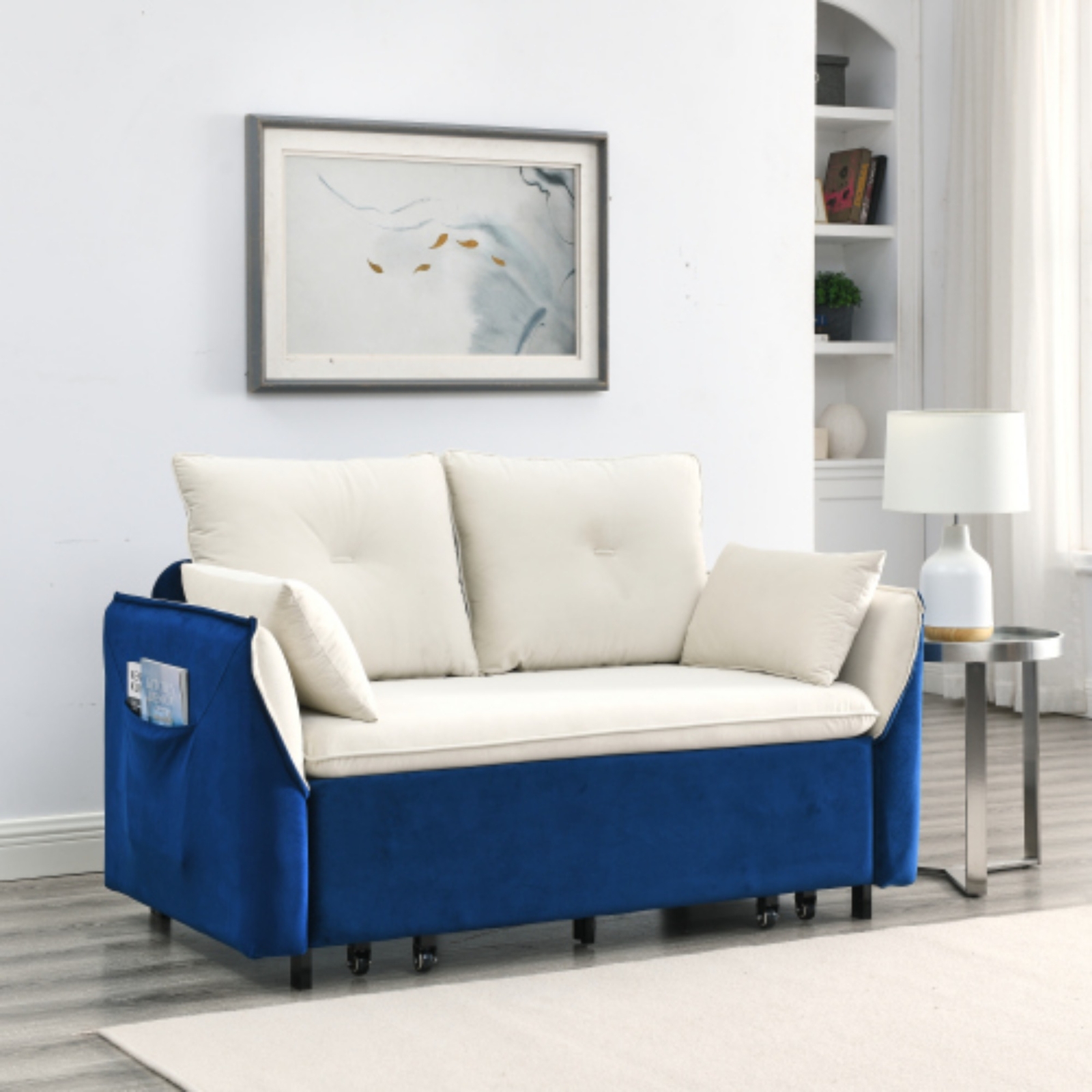 57" Adjustable Sofa with Pull Out Bed Velvet Loveseat 2 Seat Love Seat Sofa