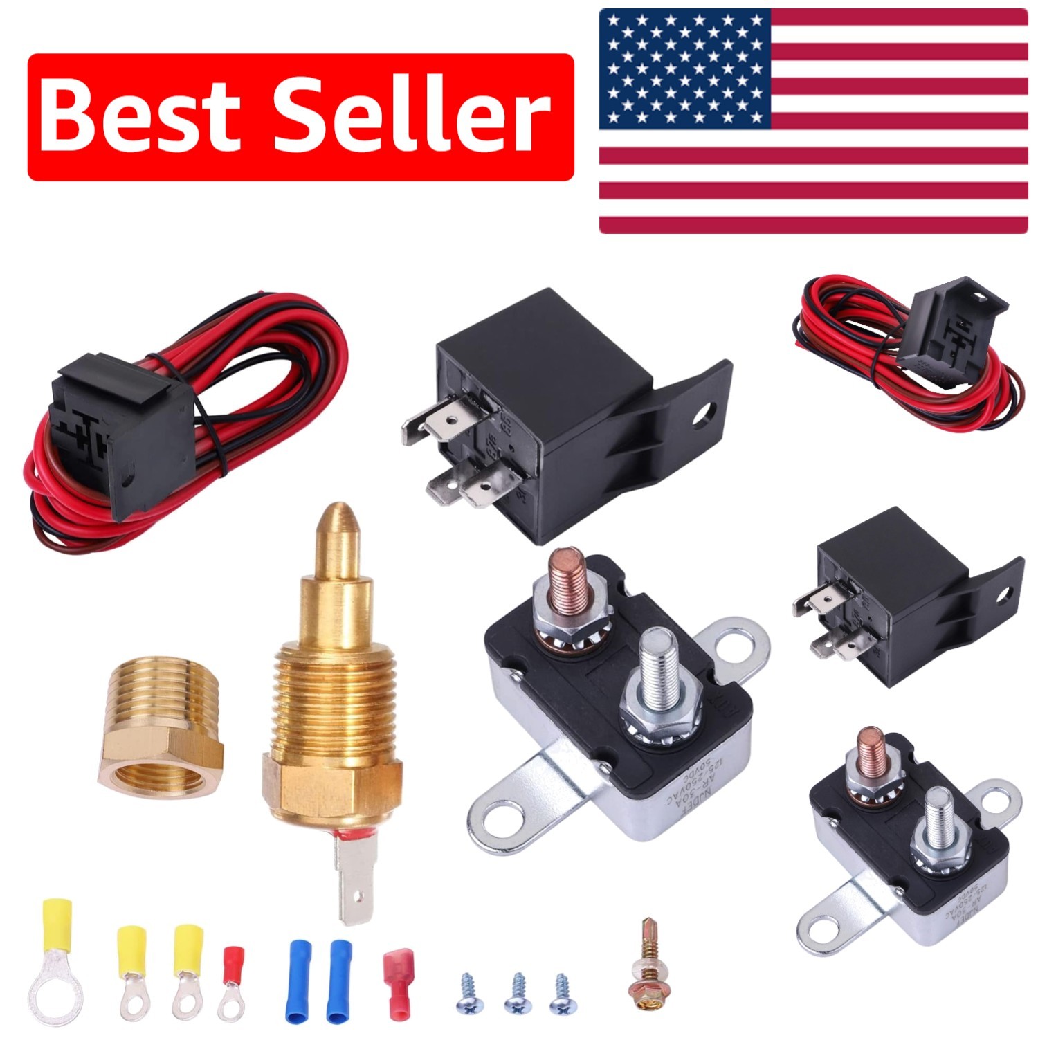 185-200°F Electric Cooling Fan Thermostat Kit with 50 AMP Relay for 12V Systems