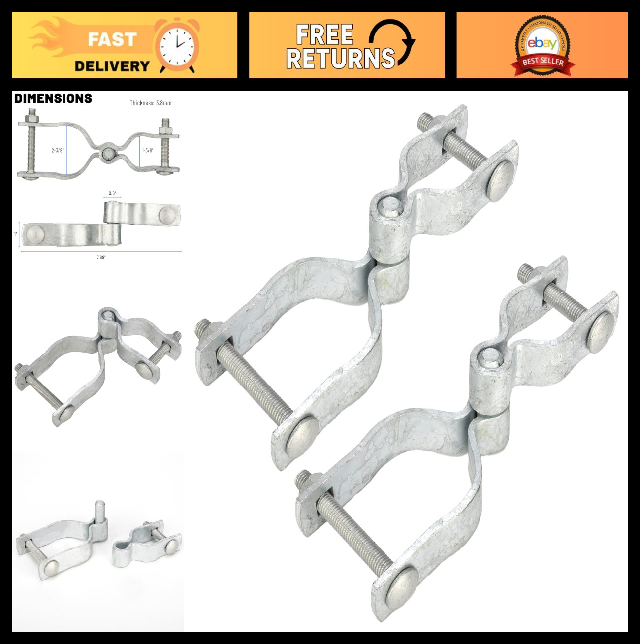 Heavy Duty Galvanized Steel Chain Link Fence Gate Post Hinges 2 Pack - Male & Fe
