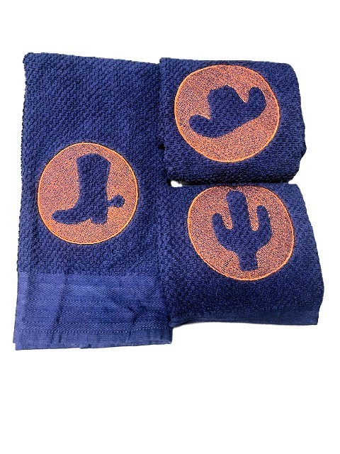 western kitchen towel set cowboy boot hat cactus southwestern navy blue