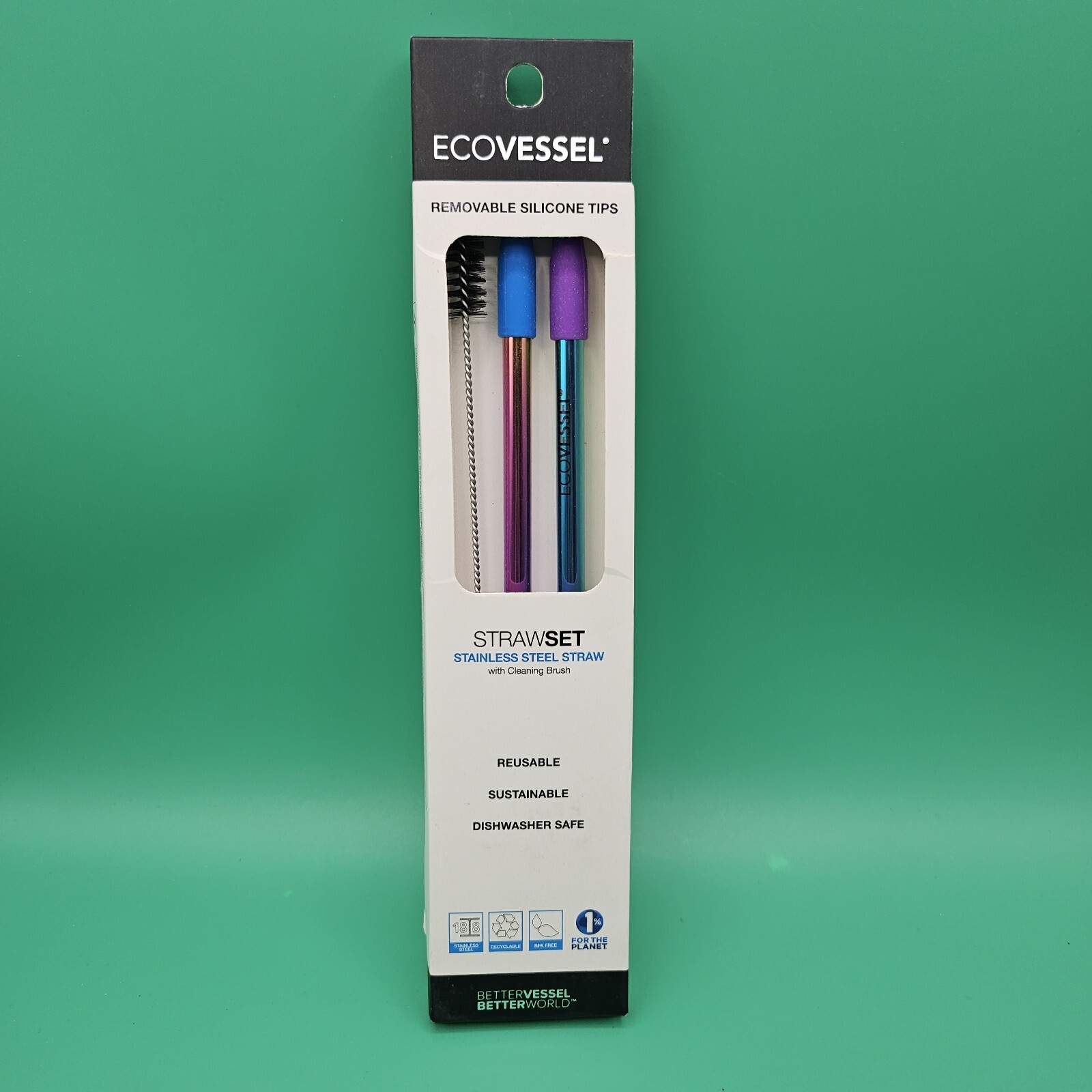 Ecovessel Rainbow Stainless Steel 2 Pack Reusable Metal Straw Brush & Silicone