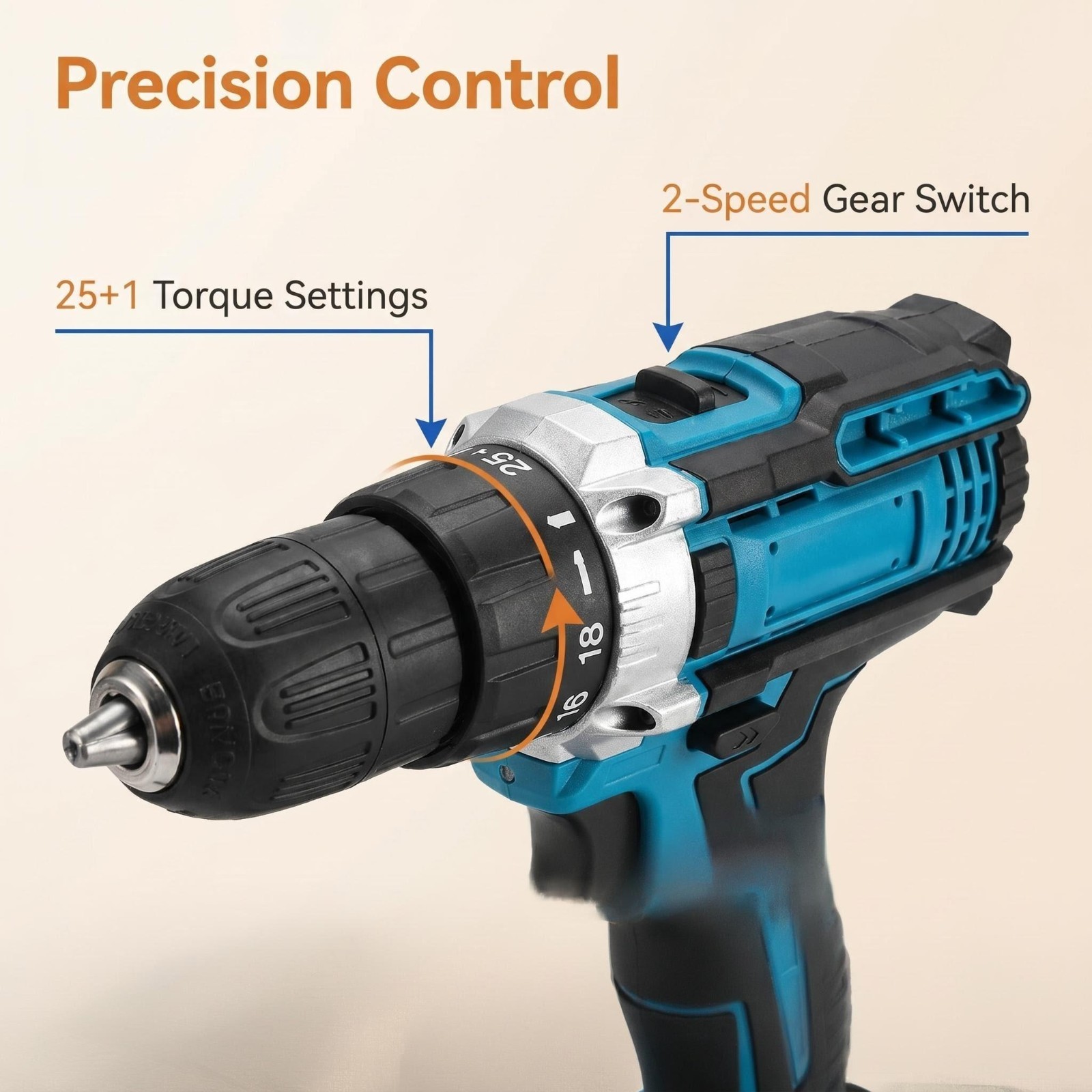 48V Cordless Drill Electric Screwdriver 3/8 Keyless Chuck Work Light