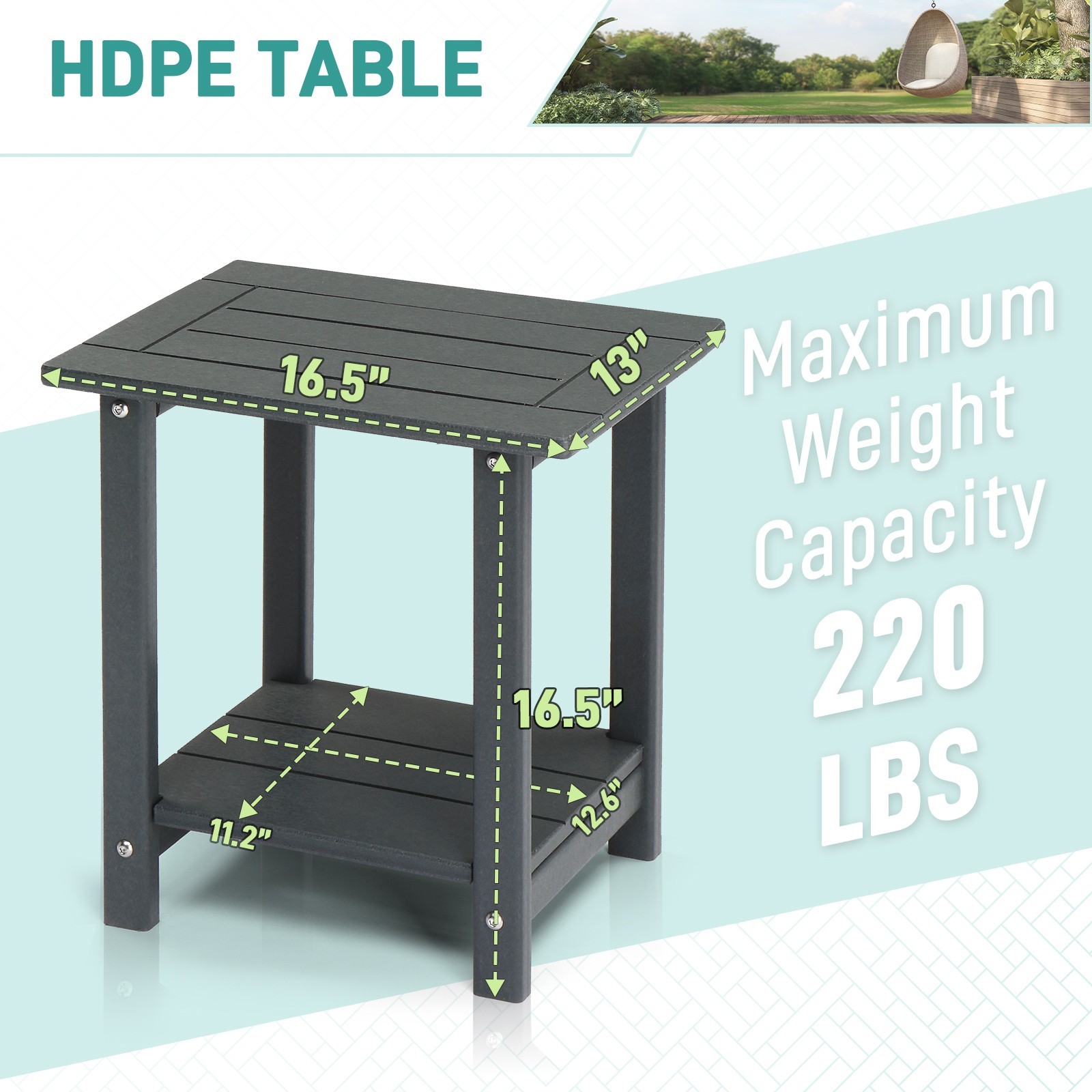 2-Layer Storage Room/Outdoor Rectangular Side Table Hdpe Coffee Table Dark Grey