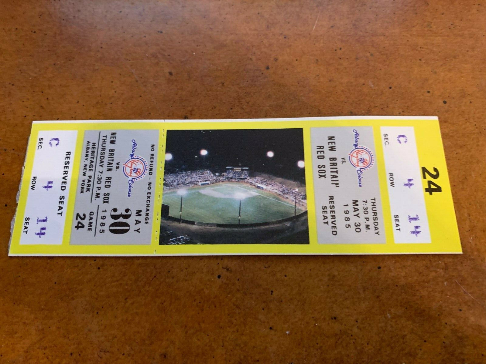 1985 Albany Colonie Yankees New Britain Red Sox Baseball Ticket Ellis Burks 5/30