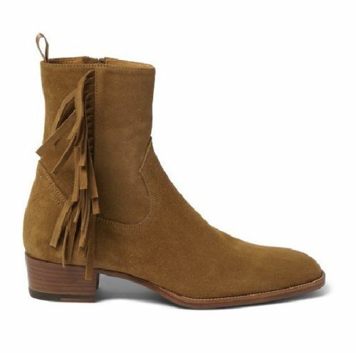 Men Handmade Boots Tan Fringed Ankle High Suede Leather Formal Wear Dress Shoe