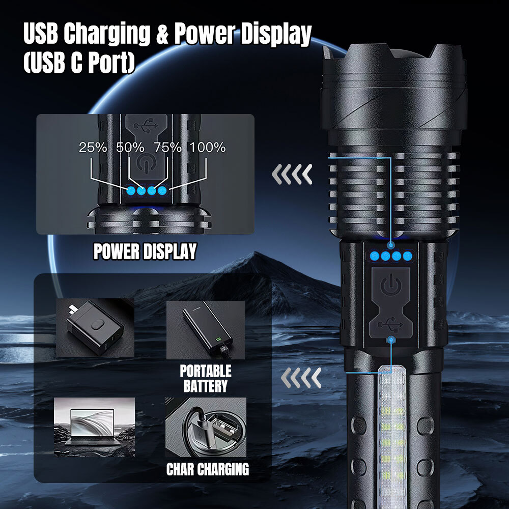 99000000 Lumens Super Bright LED Flashlight Tactical Rechargeable LED Work Light