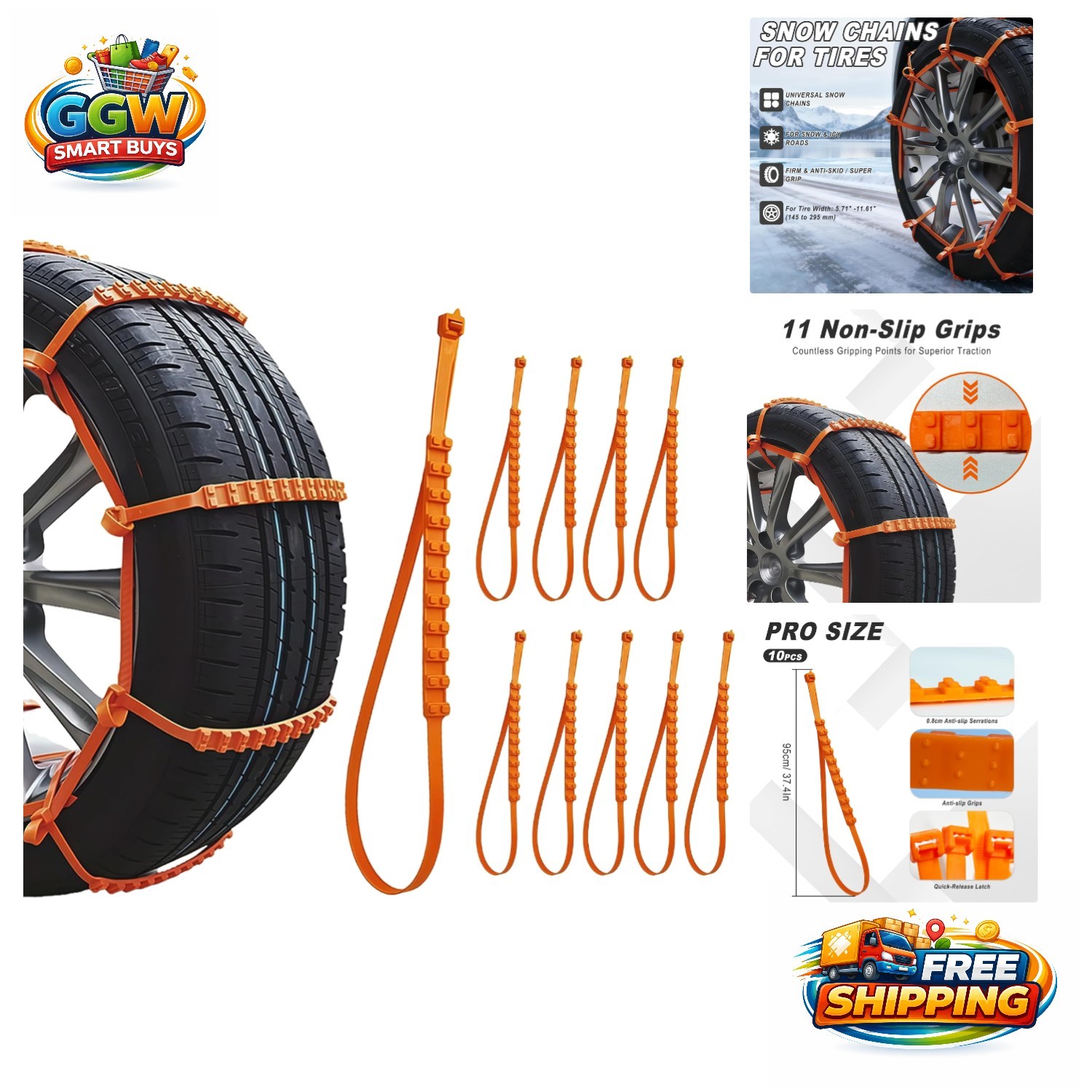 Adjustable 10PCS Snow Chains - Universal Fit for Trucks, SUVs & Cars - Easy Use