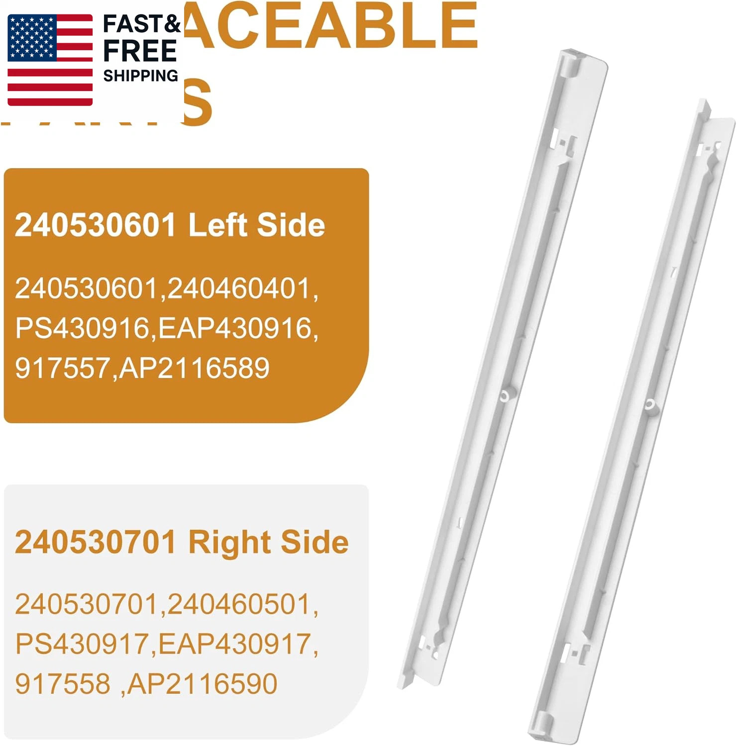 Left & Right Refrigerator Drawer Pan Hanger Slide Rail Set Exact OEM Replacement