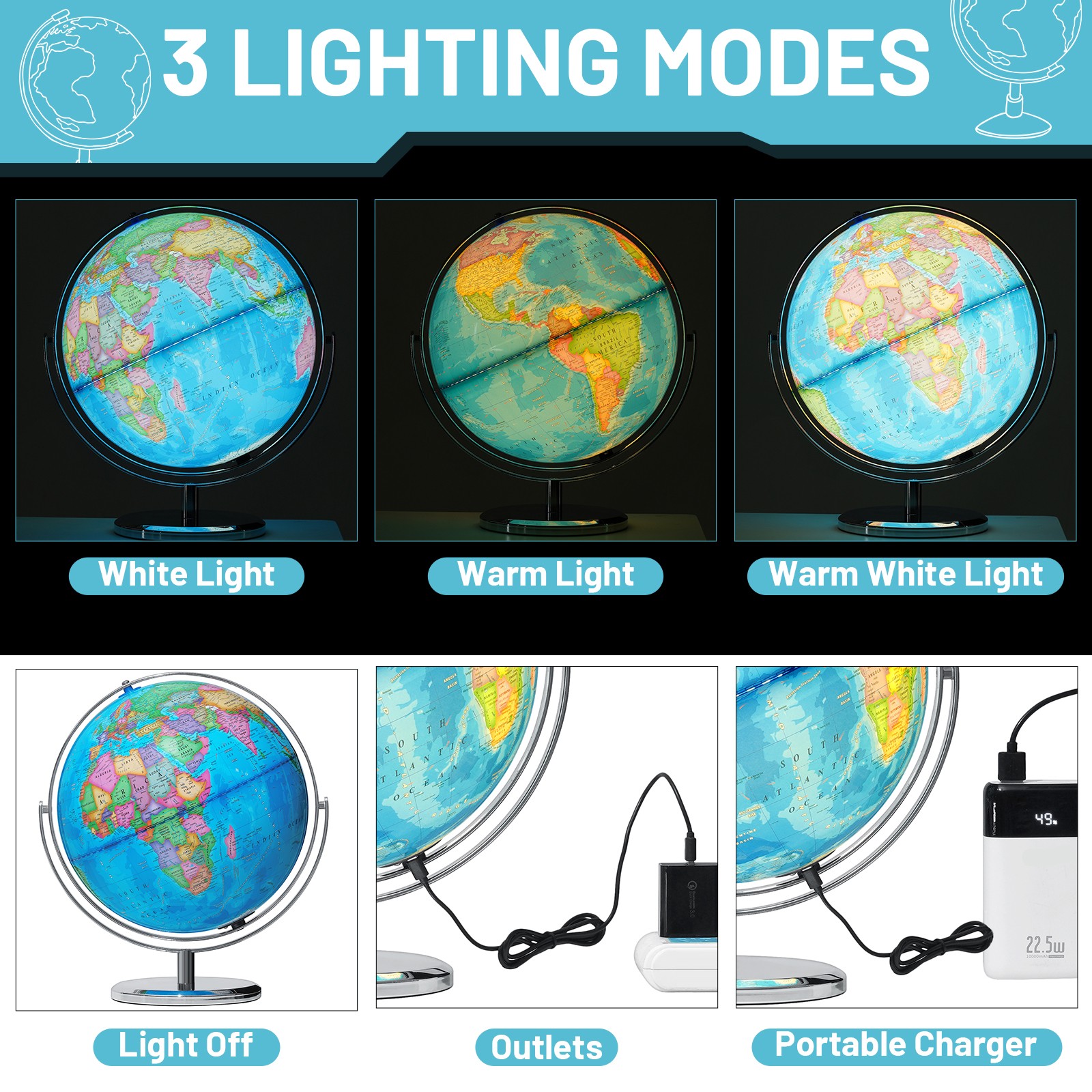13" Illuminated Globe Map 720° Rotation with Touch Switch 3 LED Lighting Modes