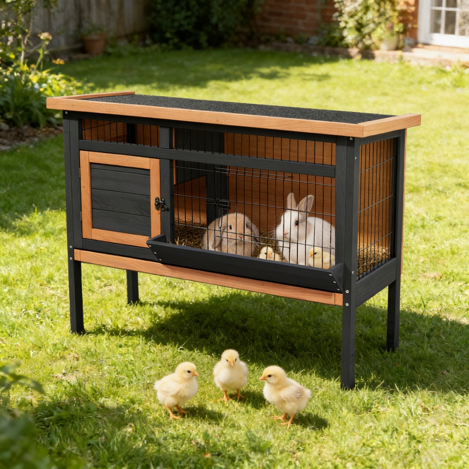 Raised Rabbit Hutch Elevated Bunny Cage  with Removable Tray & Openable Roof -
