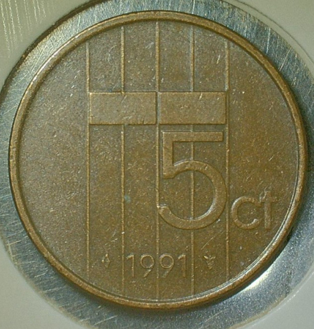 WORLD COIN SALE-1991 NEDERLANDS  5 CENT-BRONZE COMPOSITION COIN-KM# 202