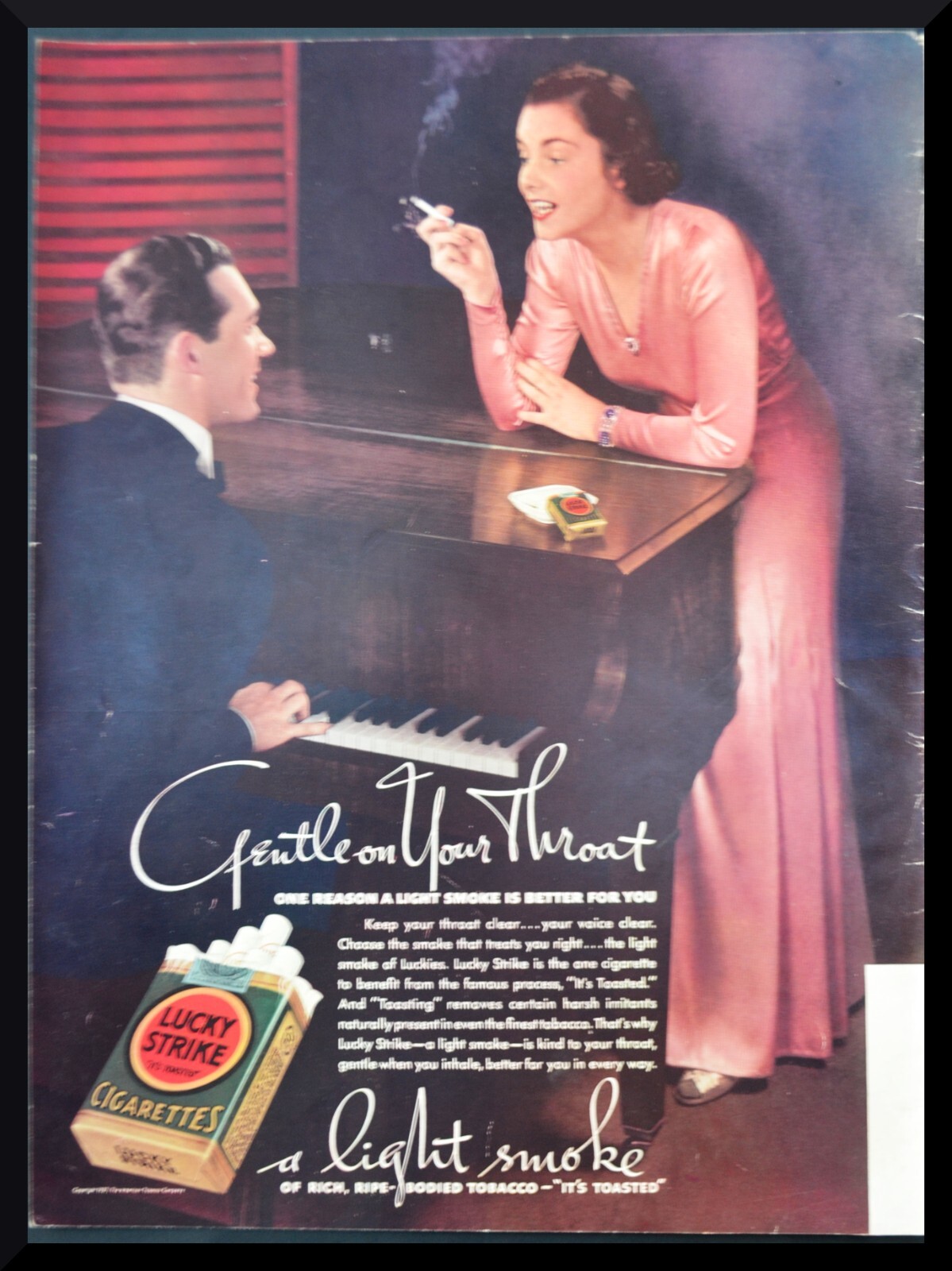 1937 Lucky Strike Cigarettes Man Piano Woman Smoking Vintage Print Ad Original