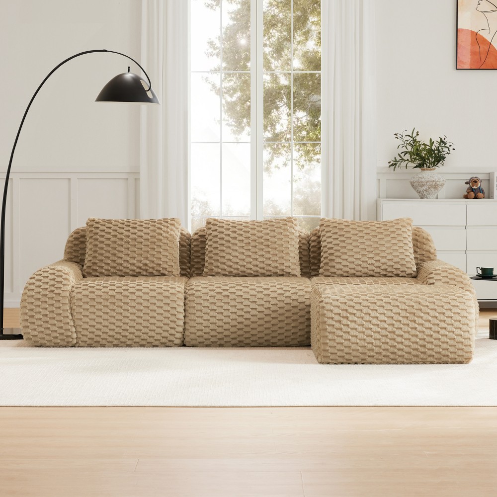 114" L-Shaped Modular Sectional Sofa w/ Ottoman, Flannelette, Light Camel