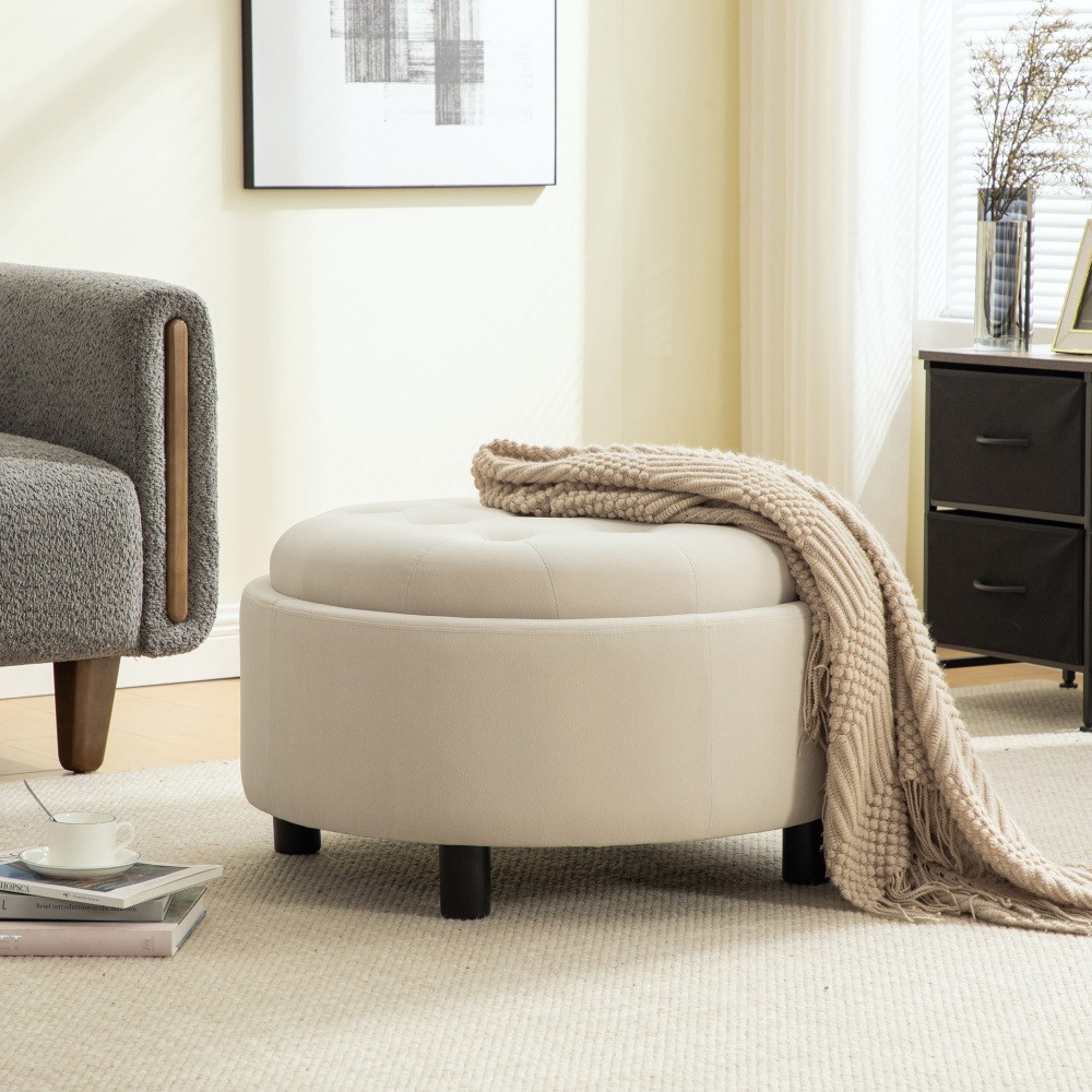 29.33inUpholstered Round Ottoman With Reversible Lid Fleece Fabric Storage Stool