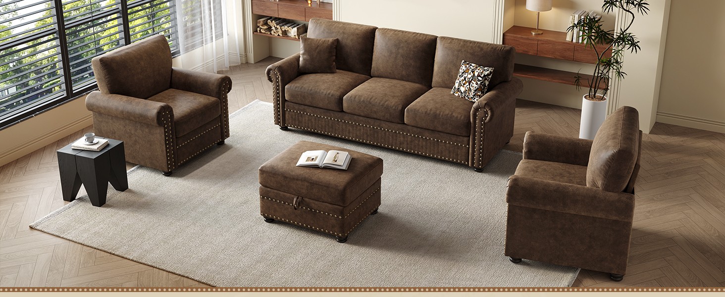 Faux Leather Ottoman with Storage, Rectangle Ottoman Coffee Table with Nailhead