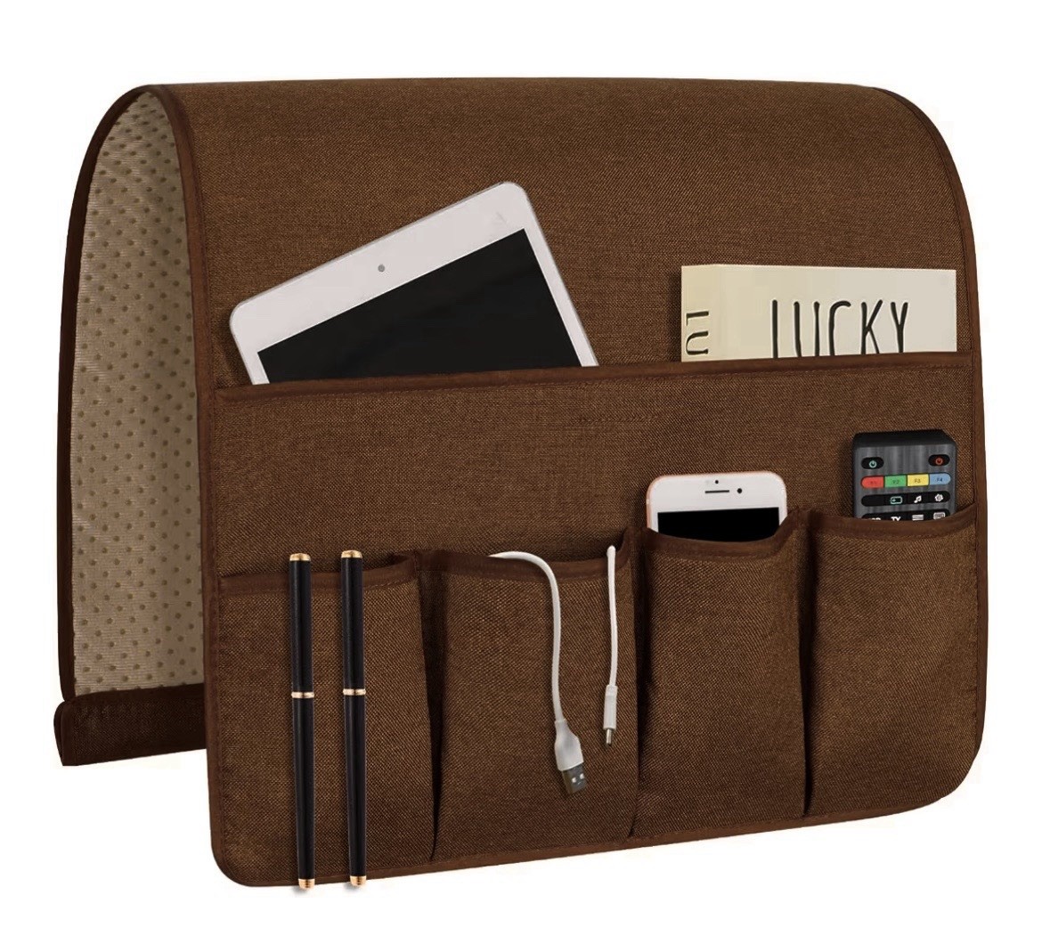 Flax Brown Arm Rest Organizer Remote Control Holder Recliner, Couch Multi Pocket
