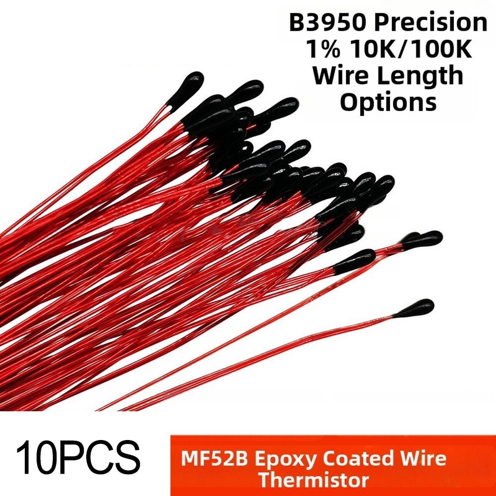 10 pcs 10K Thermistor MF52B B3950 1% Tolerance 100mm Wire Temperature Sensor